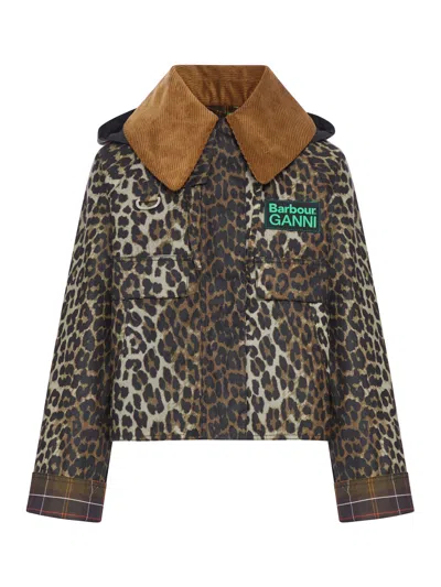 Barbour Cropped Jacket With All-over Leopard Print In Brown