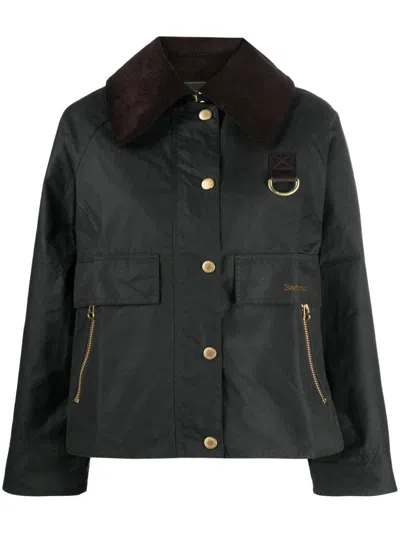 Barbour Dark Green Short Jacket With Velvet Collar And Pockets  In Black