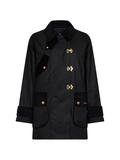 Barbour Double-breasted Corduroy-trim Coat In Black