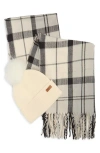 Barbour Dover Tartan Scarf & Faux Fur Pompom Beanie Set In Gray