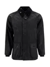Barbour Waxed Jacket With Pockets And Velvet Collar In Black