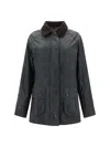 Barbour Womens Sage Beadnell Tartan-lined Waxed-cotton Jacket In Green