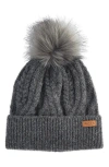 Barbour Elsdon Faux Fur Pompom Cable Stitch Beanie In Gray