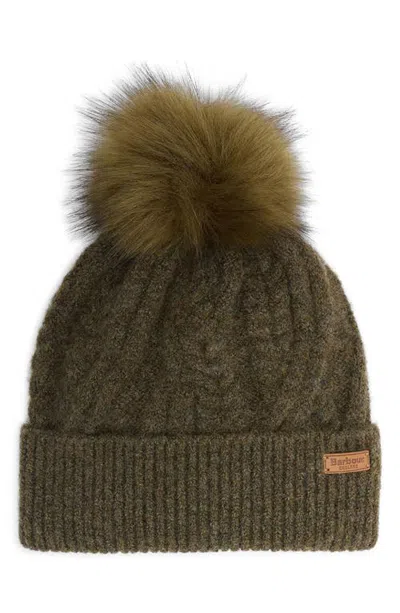 Barbour Elsdon Faux Fur Pompom Cable Stitch Beanie In Green