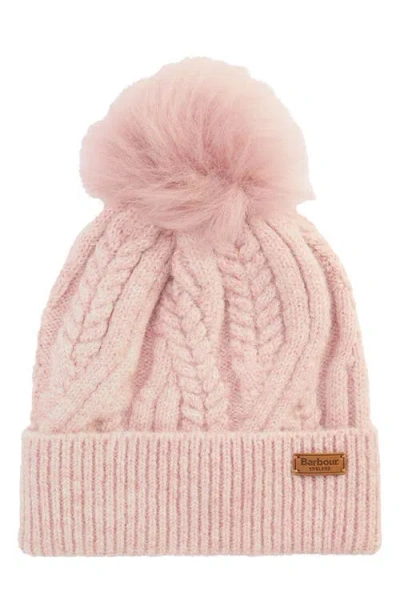Barbour Elsdon Faux Fur Pompom Cable Stitch Beanie In Pink