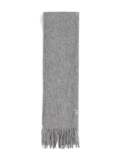 Barbour Embroidered-logo Fringed Scarf In Gray