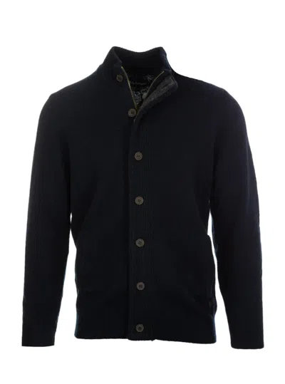 Barbour Navy Wool Zip-through Sweater With High Neck And Elbow Patches In Black