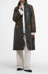 Barbour Long Length Waxed Jacket With Contrast Collar In Green