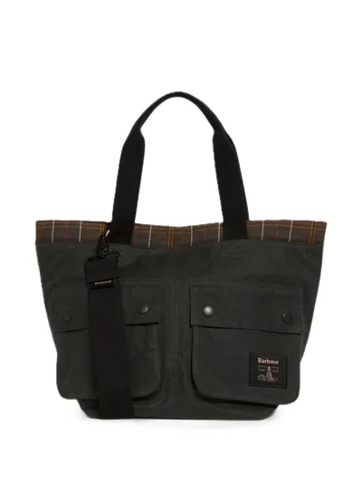 Barbour Field Tartan-trim Pocket-detail Tote Bag In Black