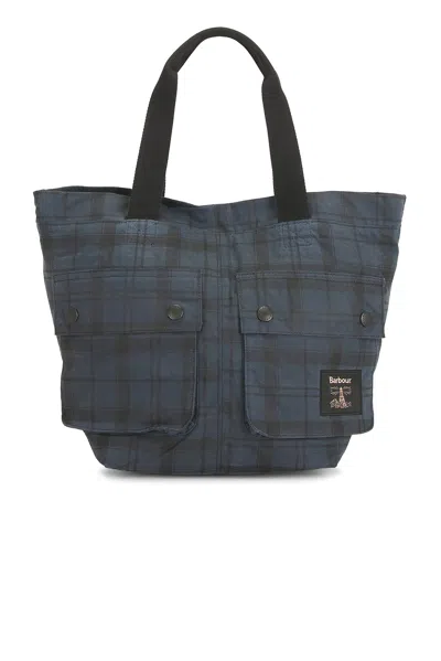 Barbour Field Wax Carry All Tote Bag In Navy Tartan