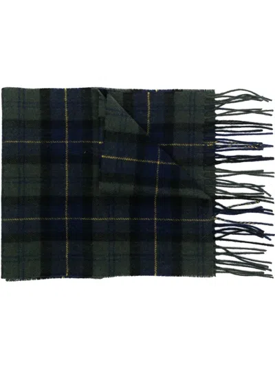 Barbour Fringed Edge Wool Tartan Check Pattern Scarf In Green