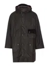 Barbour Long Hooded Jacket Flap Pockets In Black