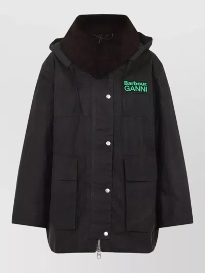 Barbour Ganni Hood Ttn Check Wax Cotton Jacket In Black