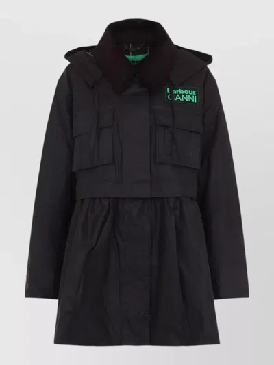 Barbour Ganni Peplum Check Wax Jacket Midi Length In Black