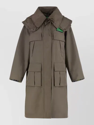 Barbour Ganni Waterproof Parka Long Coat Ruffles In Brown