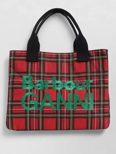 Barbour Ganni Waxed Cotton Tartan Tote Bag In Red