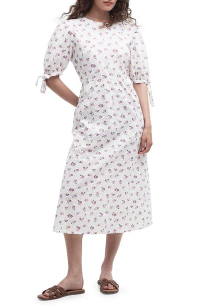 Barbour Goodleigh Floral Puff Sleeve Cotton Midi Dress In White/pink Flowers
