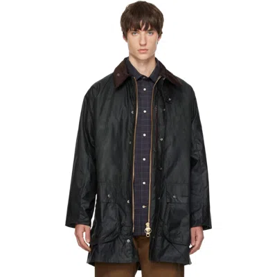 Barbour Green Border Waxed Coat In Black