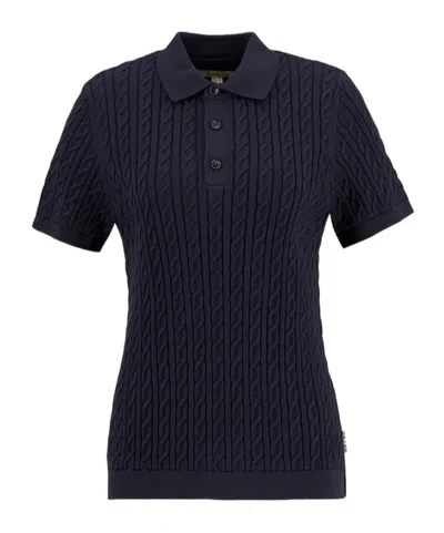 Barbour Hartland Cable-knit Short-sleeve Polo Top In Blue
