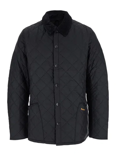 Barbour Heritage Liddesdale Black Jacket With Classic Corduroy Collar And Logo Lettering On The Front In Tec