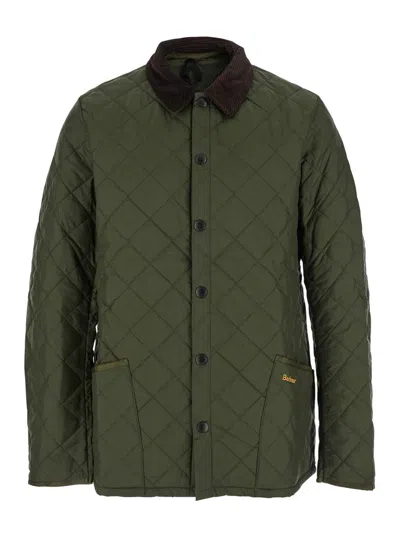 Barbour Heritage Liddesdale Green Jacket With Classic Corduroy Collar And Logo Lettering On The Front In Tec