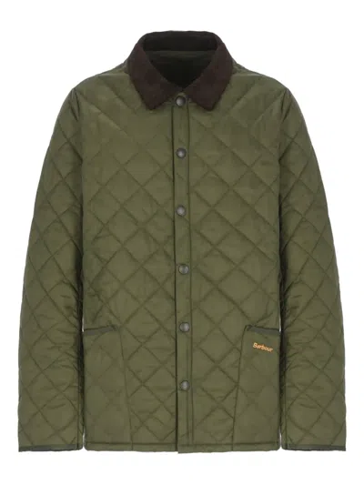 Barbour Heritage Liddesdale Green Jacket With Classic Corduroy Collar And Logo Lettering On The Front In Tec