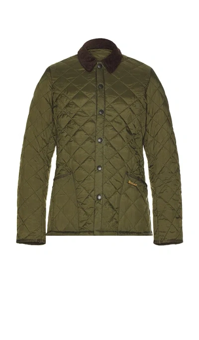 Barbour Heritage Liddesdale Green Jacket With Classic Corduroy Collar And Logo Lettering On The Front In Tec