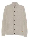 Barbour Fine Knit Wool Zip-through Sweater With High Neck And Button Closure In Neutral