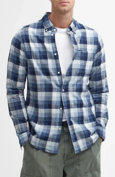 Barbour Hillroad Tailored Fit Buffalo Check Slub Cotton Button-down Shirt In Dark Blue