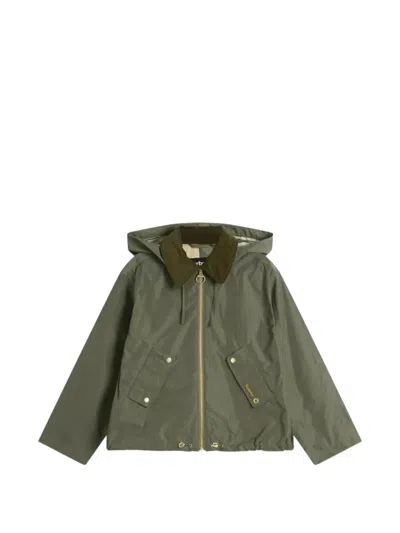 Barbour Hooded Short Jacket Front Pockets Buttons Drawstring In Green