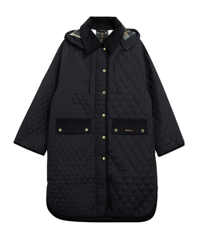 Barbour Hooded Diamond Quilted Long Coat In Blue