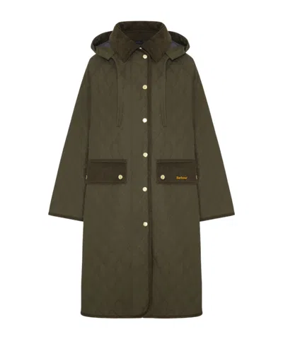 Barbour Hooded Diamond Quilted Long Coat In Green