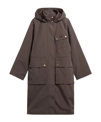 Barbour Hooded Multipocket Long Parka In Brown