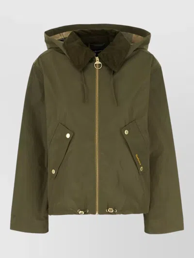 Barbour Hooded Polyester Weawer Snap Button Jacket In Green