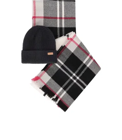 Barbour Hot Pink Monochrome Pendle Beanie + Blair Scarf Set In Black
