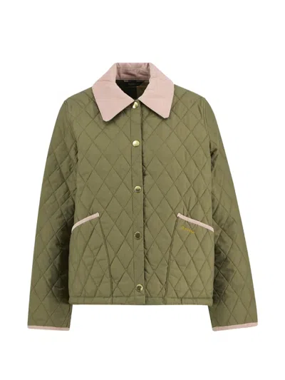 Barbour Cropped Quilted Jacket Corduroy Collar Brass In Green