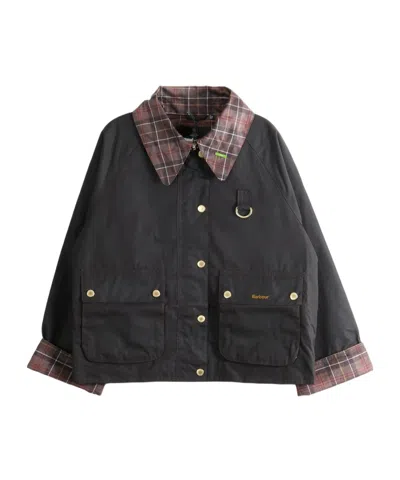 Barbour Icons Tartan Collar Spey Waxed Jacket In Black