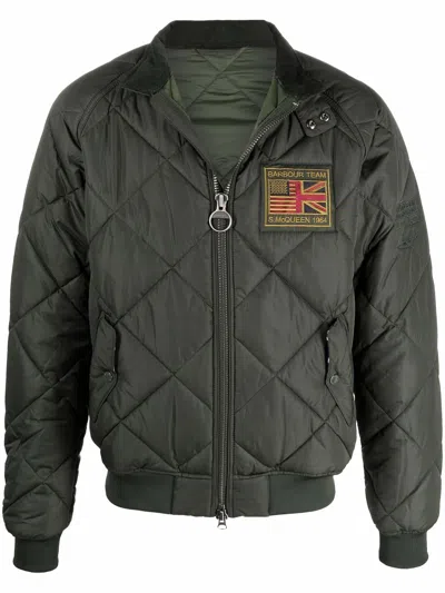 Barbour International High Neck Quilted Jacket With Logo Patch And Button Fastening In Gray
