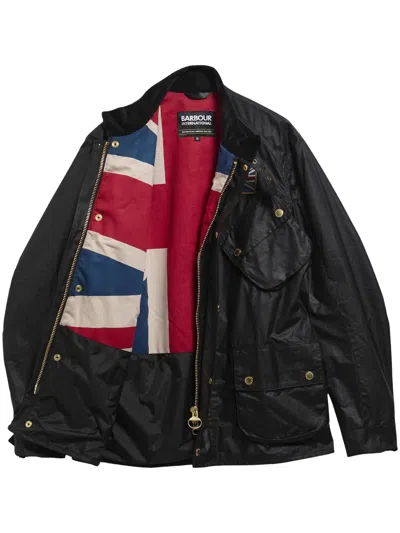 Barbour International High Neck Waxed Cotton Jacket With Four Front Pockets In Black