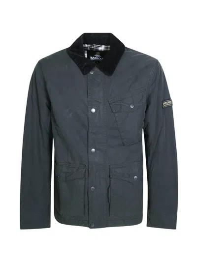 Barbour International Waxed Cotton Field Jacket With Corduroy Collar In Green