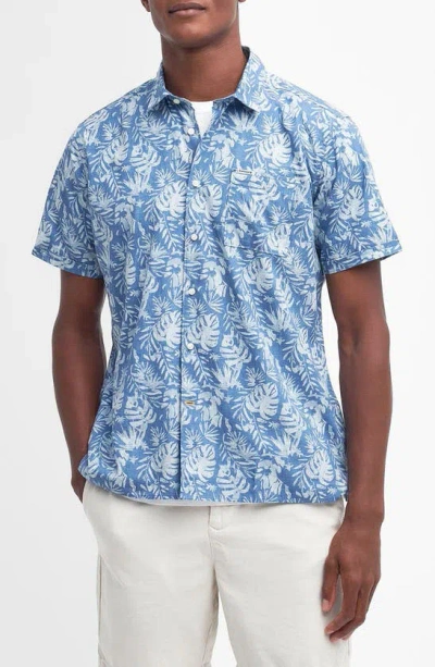 Barbour Ives Regular Fit Leaf Print Short Sleeve Cotton Button-up Shirt In Blue