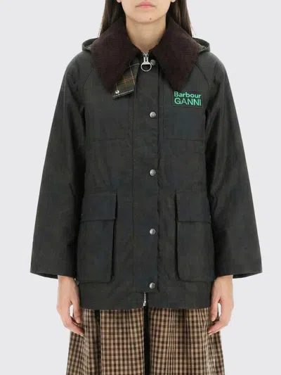 Barbour Dark Brown Jacket With All-over Stripe Motif And Logo Patch On The Front In Waxed Cotton Woman