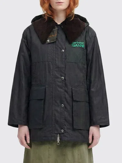Barbour Dark Brown Jacket With All-over Stripe Motif And Logo Patch On The Front In Waxed Cotton Woman