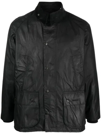 Barbour Waxed Jacket With Corduroy Collar And Pockets In Black