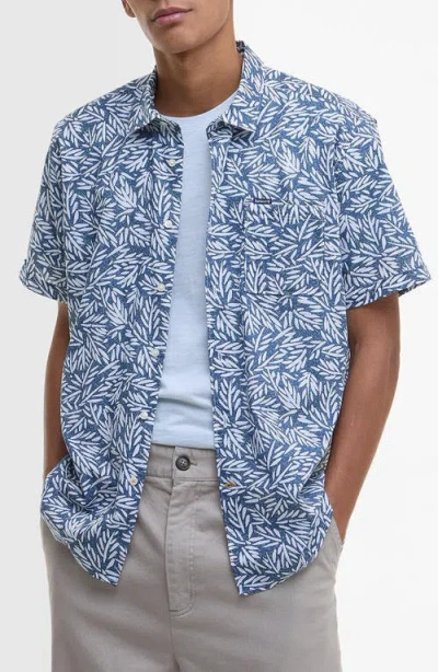 Barbour Jackstone Leaf Print Short Sleeve Cotton Button-up Shirt In Blue