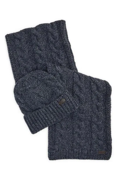 Barbour Jesmond Cable Stitch Scarf & Beanie Set In Blue