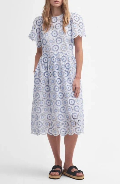 Barbour Juliette Eyelet Embroidery Midi Dress In White/ Blue Mist