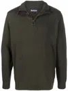 Barbour Khaki-green Wool Half-zip Sweater With Ribbed Edges And Elbow Patches In Black