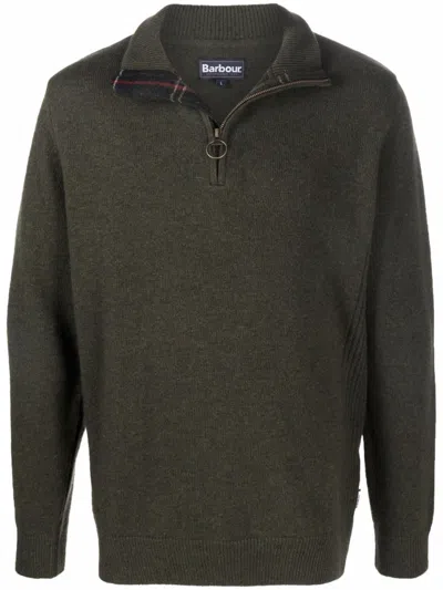 BARBOUR BARBOUR KHAKI-GREEN WOOL HALF-ZIP SWEATER WITH RIBBED EDGES AND ELBOW PATCHES