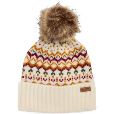 Barbour Kingsford Fair Isle Knit Beanie With Faux Fur Pom In Cloud